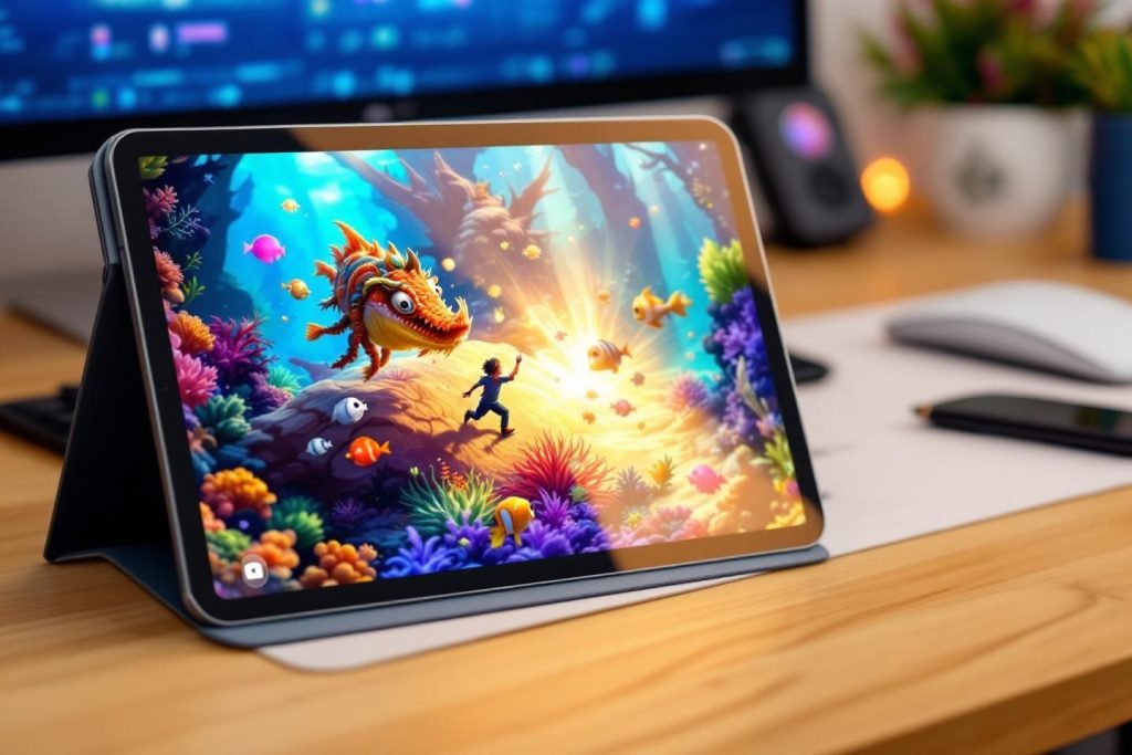 Scène de jeu colorée avec créature marine et personnage