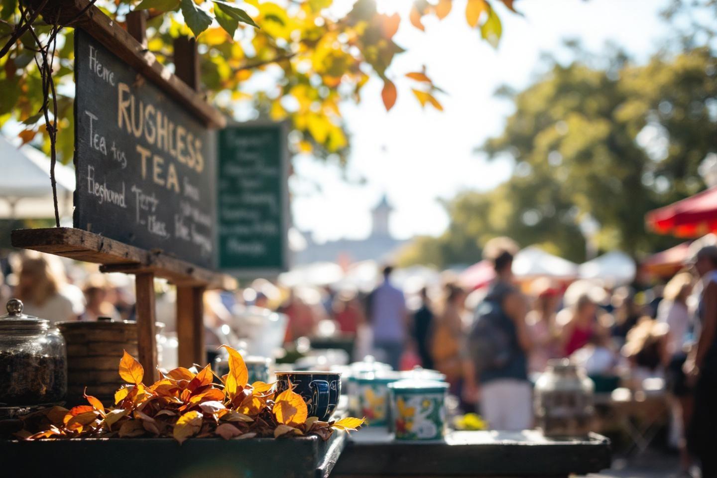 &Eacute;tal de th&eacute; avec des feuilles d'automne au march&eacute; ensoleill&eacute;
