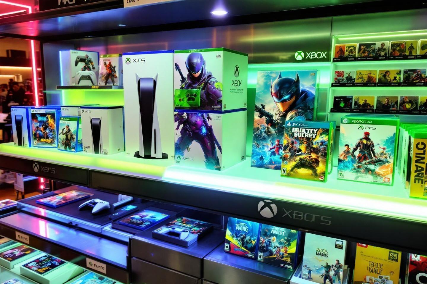 Étagères colorées avec PlayStation, Xbox et boîtes de jeux