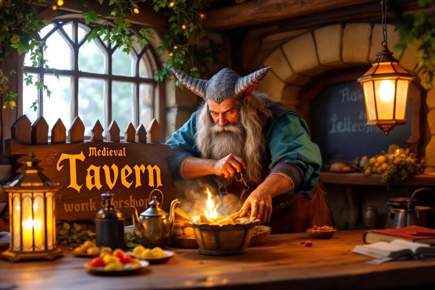 Vieil homme cornu cuisinant pr&egrave;s de lanternes dans une taverne