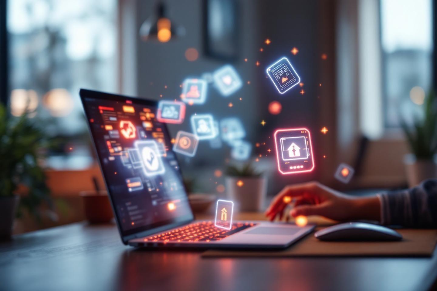 Ordinateur portable avec ic&ocirc;nes technologiques holographiques flottantes