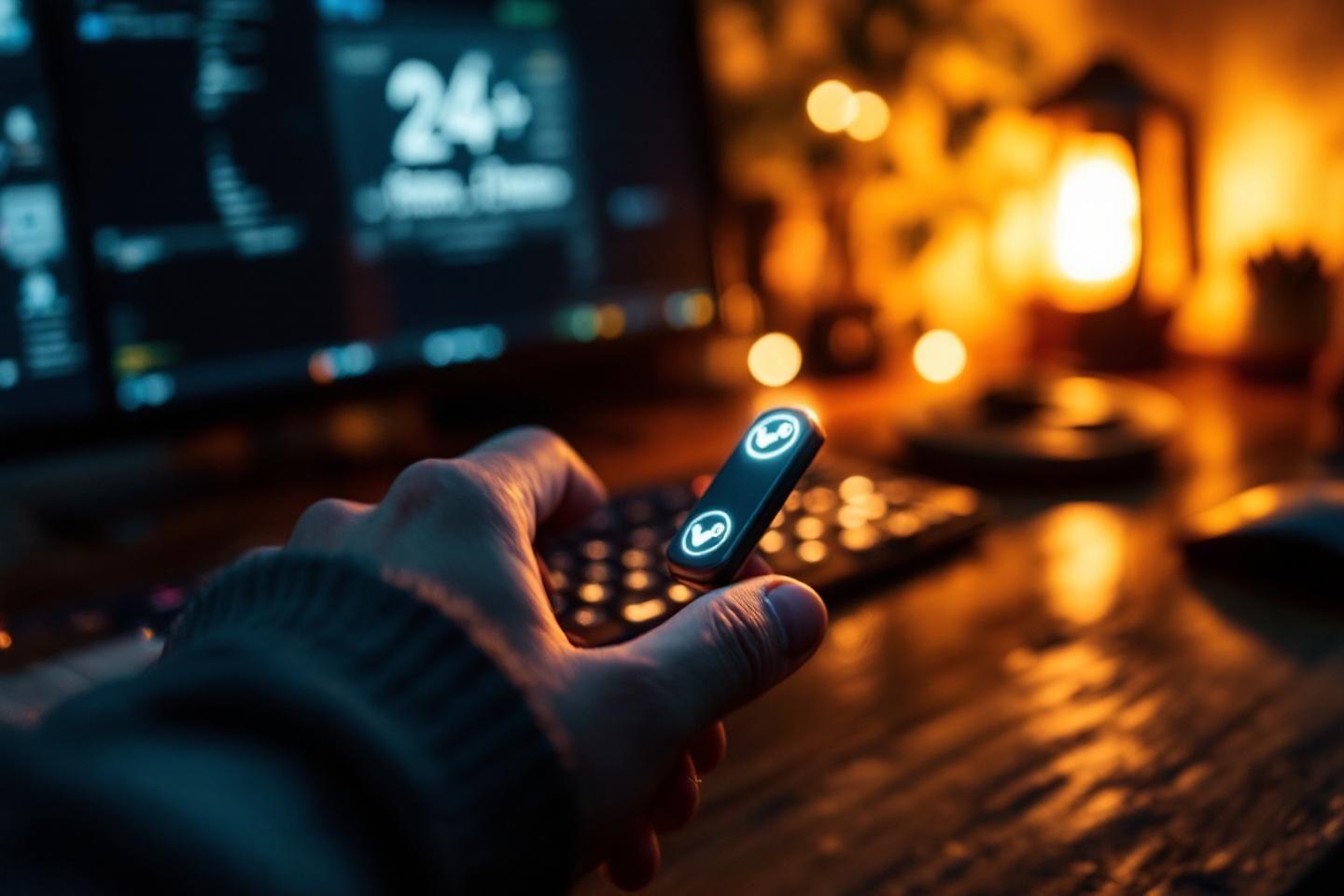 Main tenant une t&eacute;l&eacute;commande pr&egrave;s d'un &eacute;cran allum&eacute;