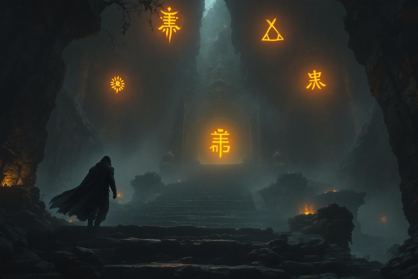 Figure solitaire devant un temple ancien, symboles lumineux flottants