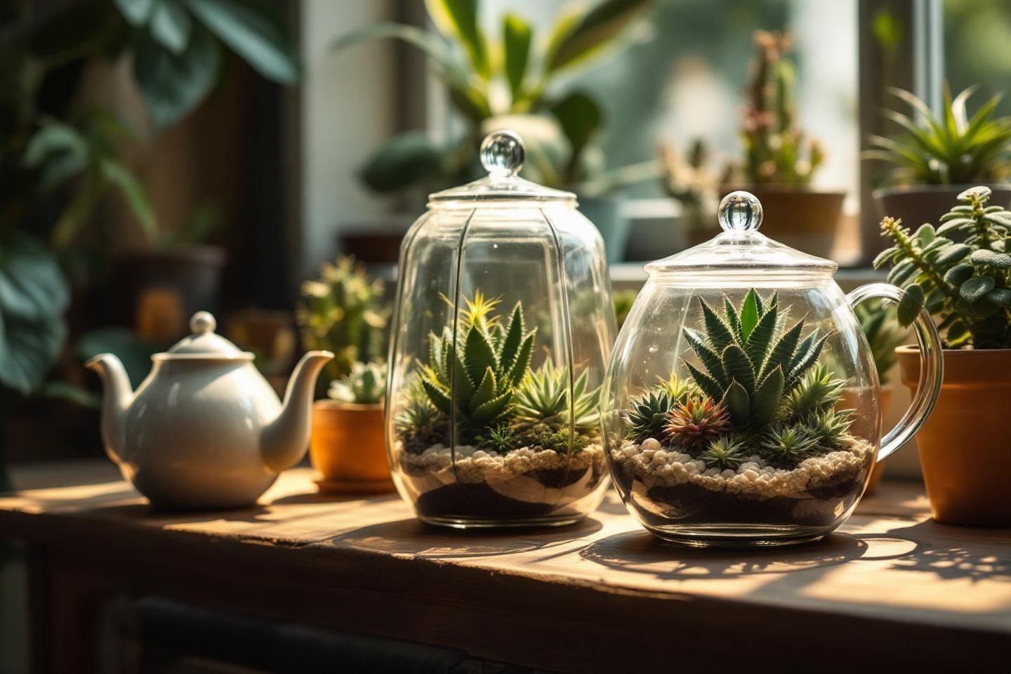 Deux terrariums en verre avec des plantes succulentes sur un rebord
