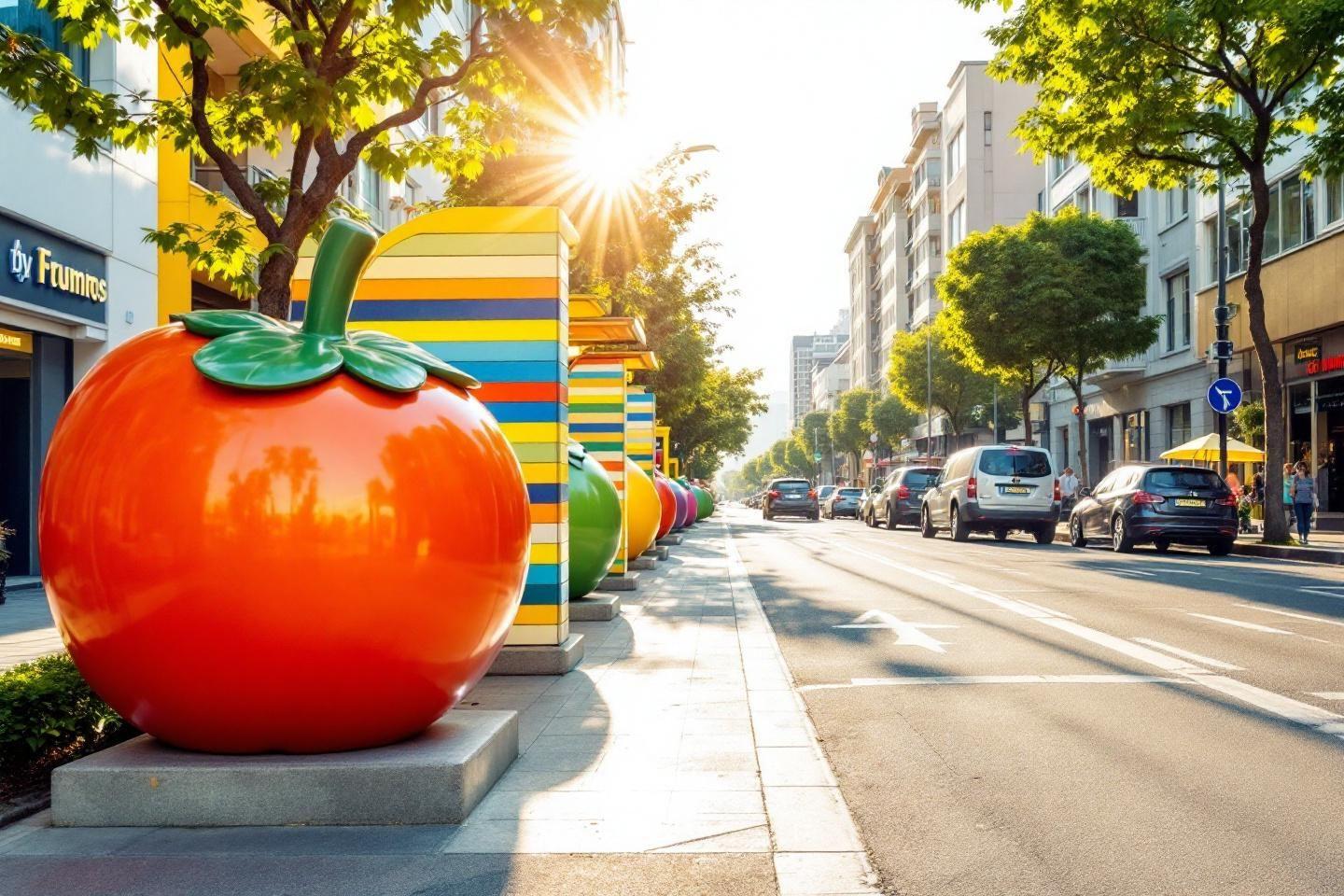 Grande sculpture de tomate rouge sur trottoir urbain avec soleil