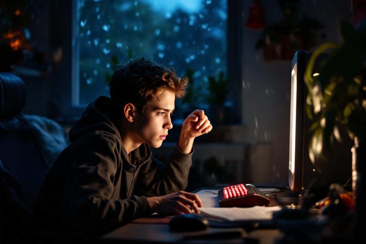 Jeune personne concentr&eacute;e devant un &eacute;cran illumin&eacute; la nuit