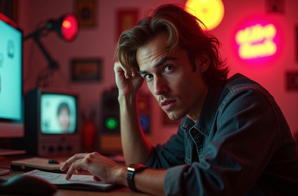 Homme concentr&eacute; &agrave; l'ordinateur dans un environnement rouge sombre