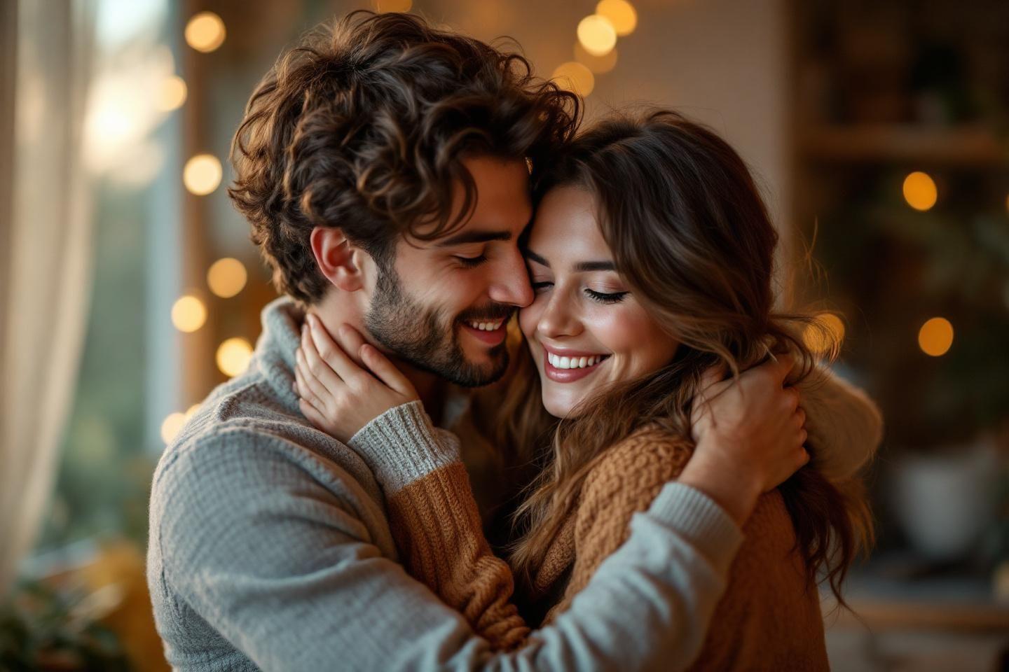 Couple amoureux enlac&eacute;, souriant tendrement dans une ambiance chaleureuse