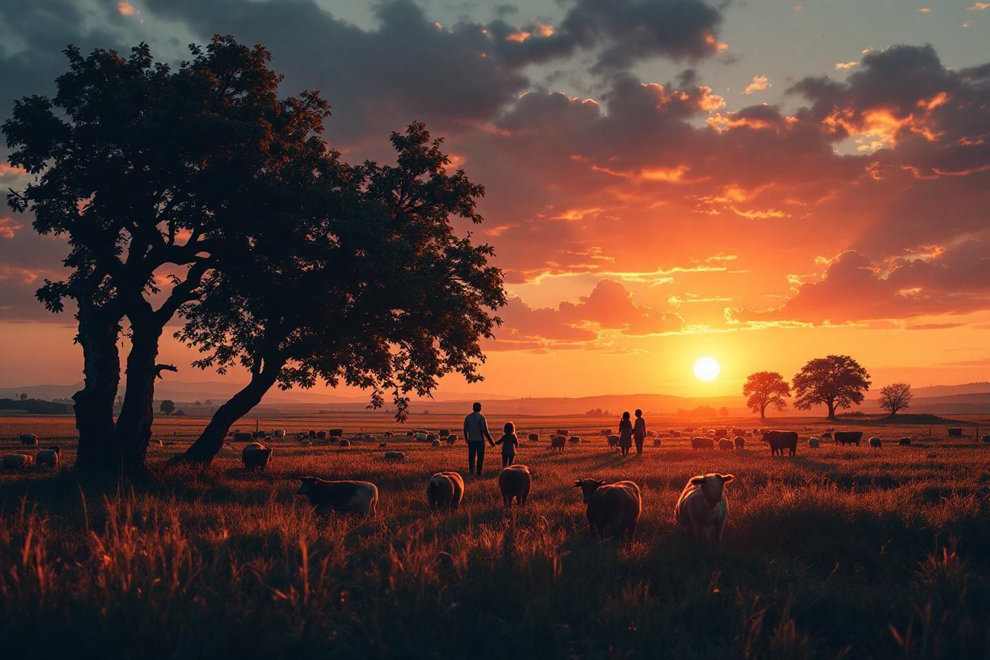 Moutons paissant dans un champ dor&eacute; au cr&eacute;puscule