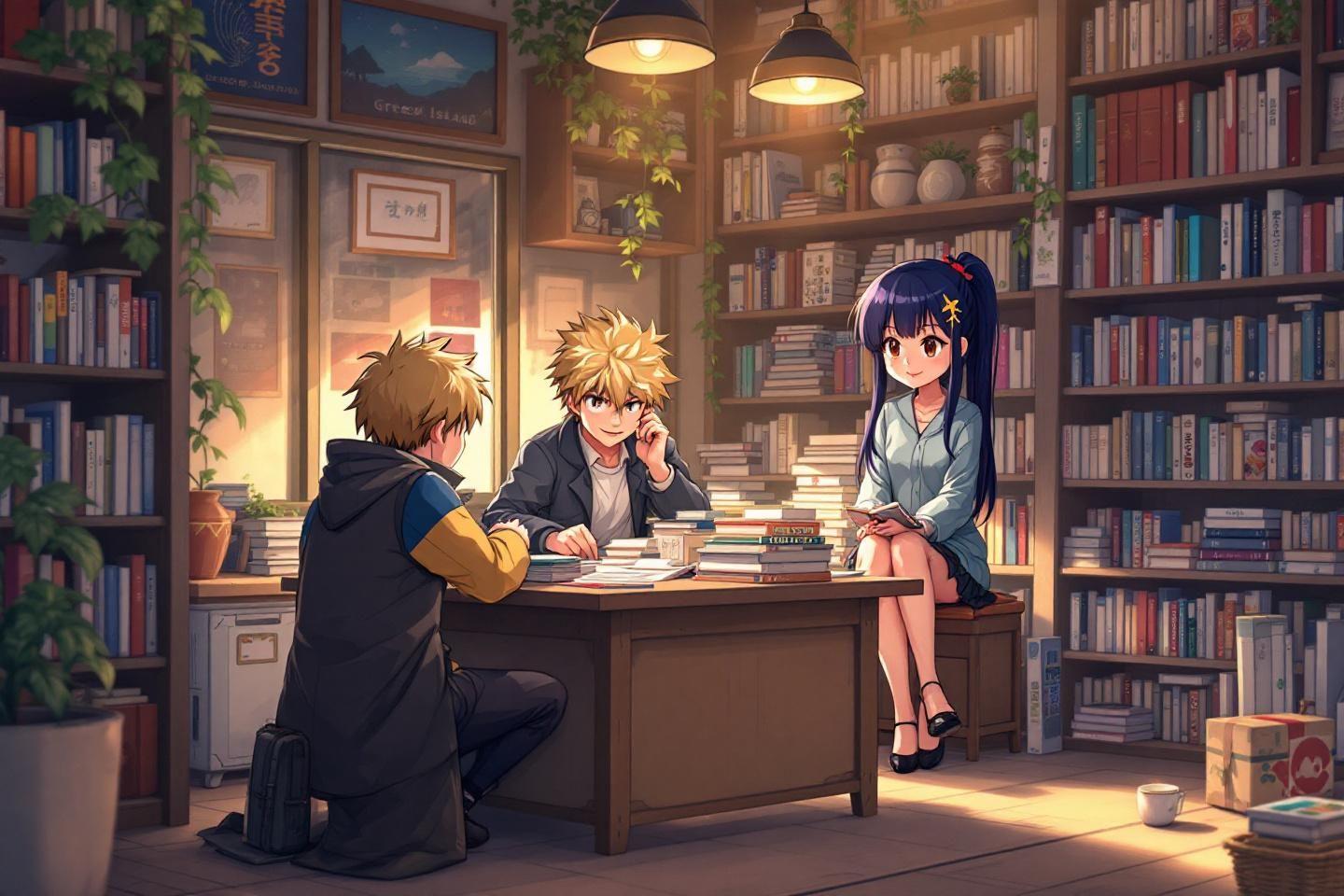 Trois personnes dans une biblioth&egrave;que chaleureuse avec des livres