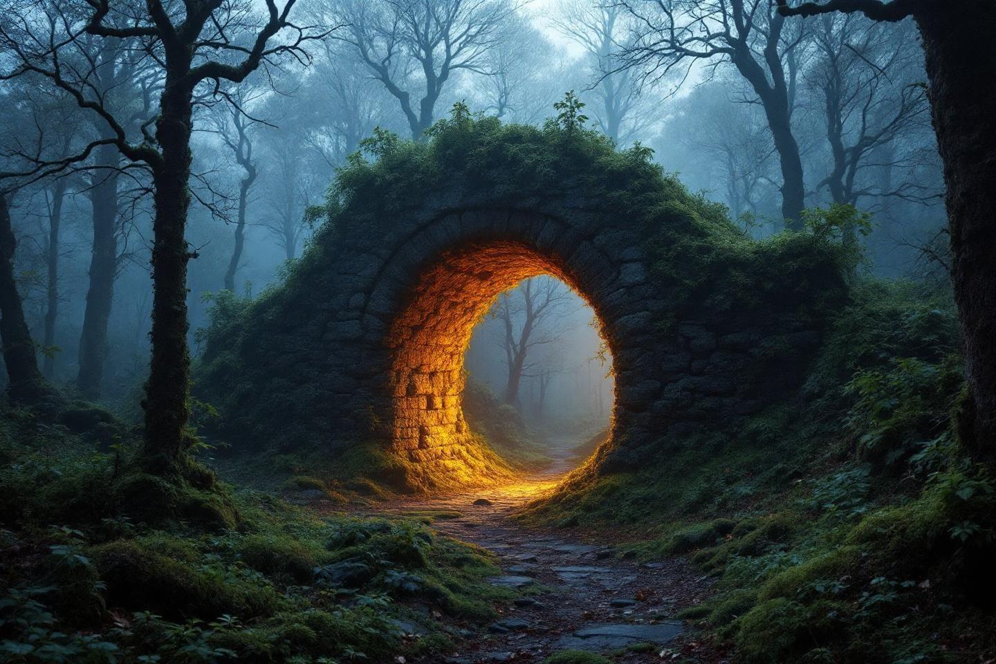 Brasier dor&eacute; sur socle moussu dans une for&ecirc;t sombre et brumeuse
