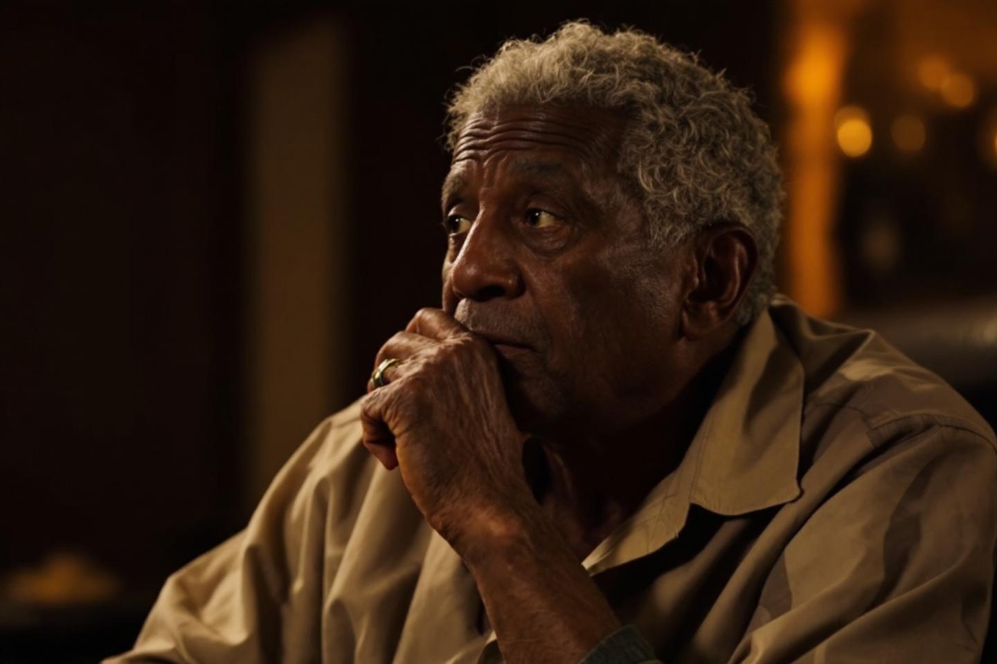 Portrait d'un senior aux cheveux gris, regard méditatif