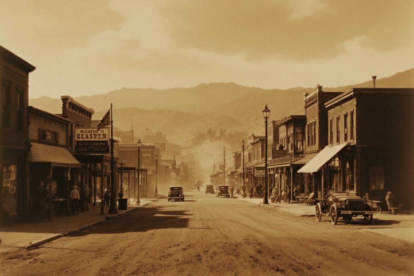 Rue poussiéreuse avec voitures anciennes et montagnes