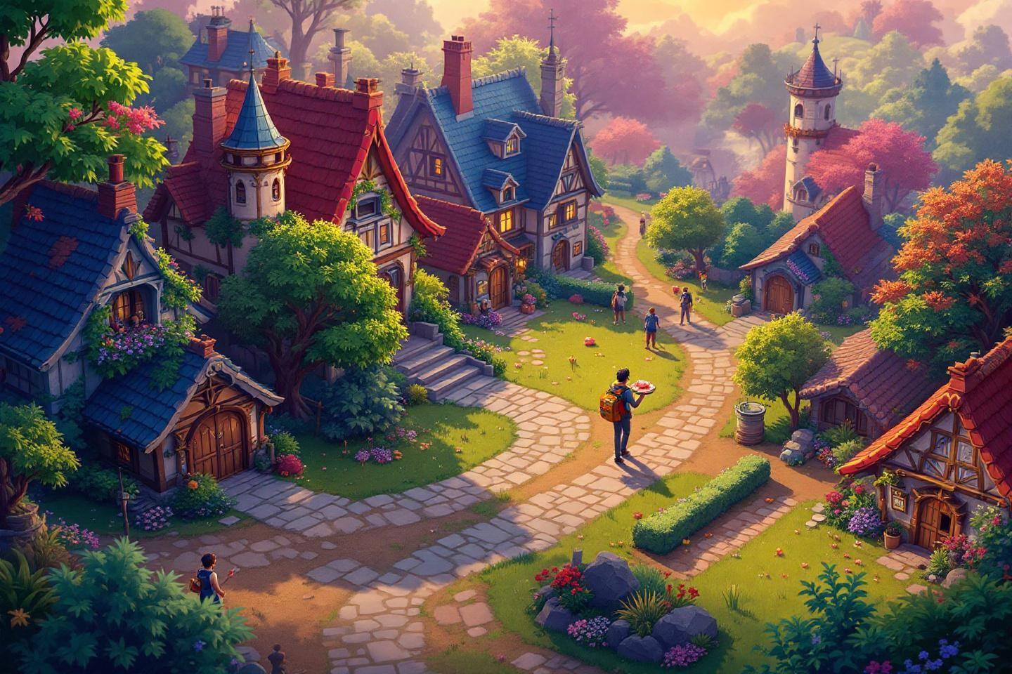 Rue pav&eacute;e serpentant entre de pittoresques maisons m&eacute;di&eacute;vales color&eacute;es