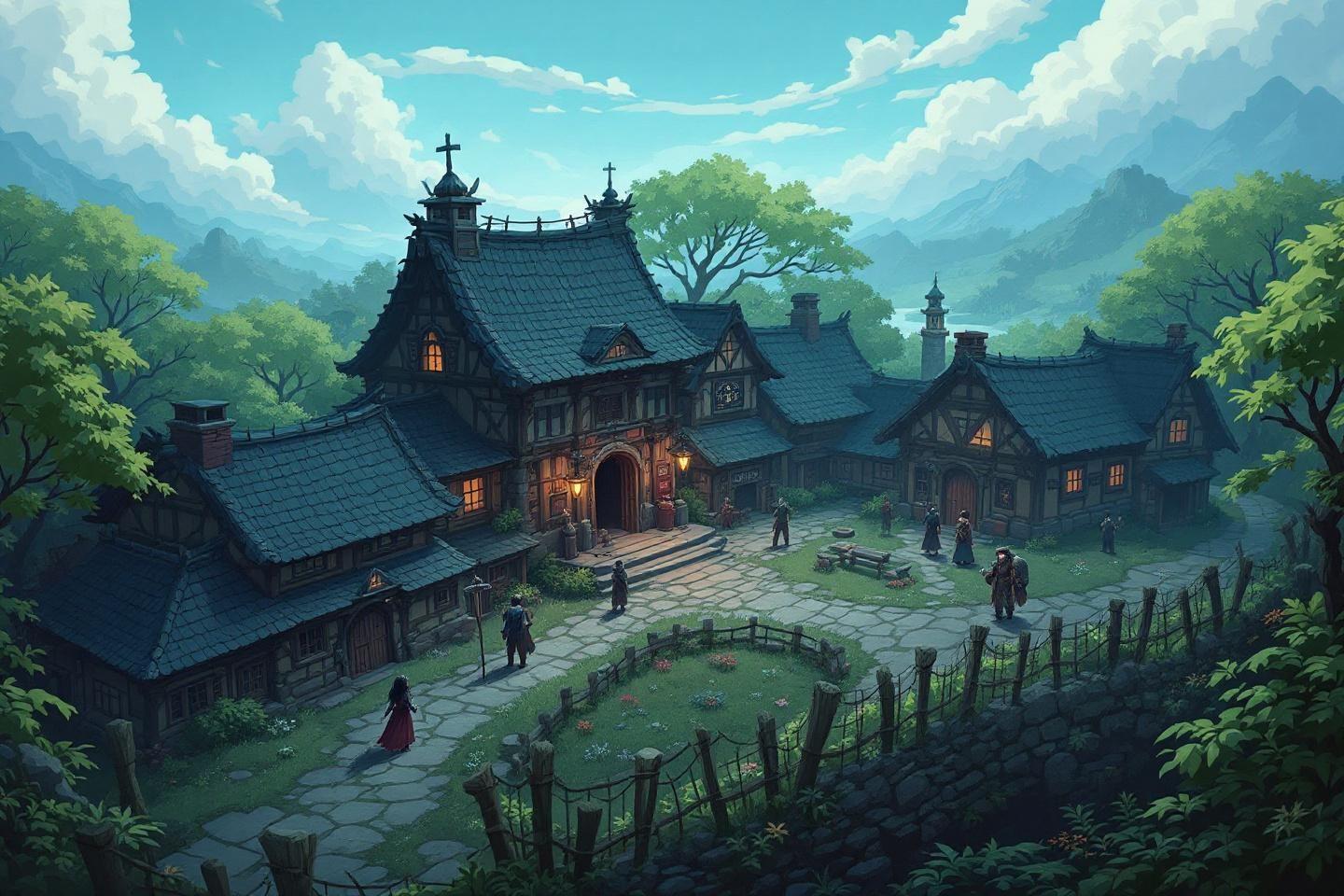 B&acirc;timents en bois avec toits bleus dans un paysage verdoyant