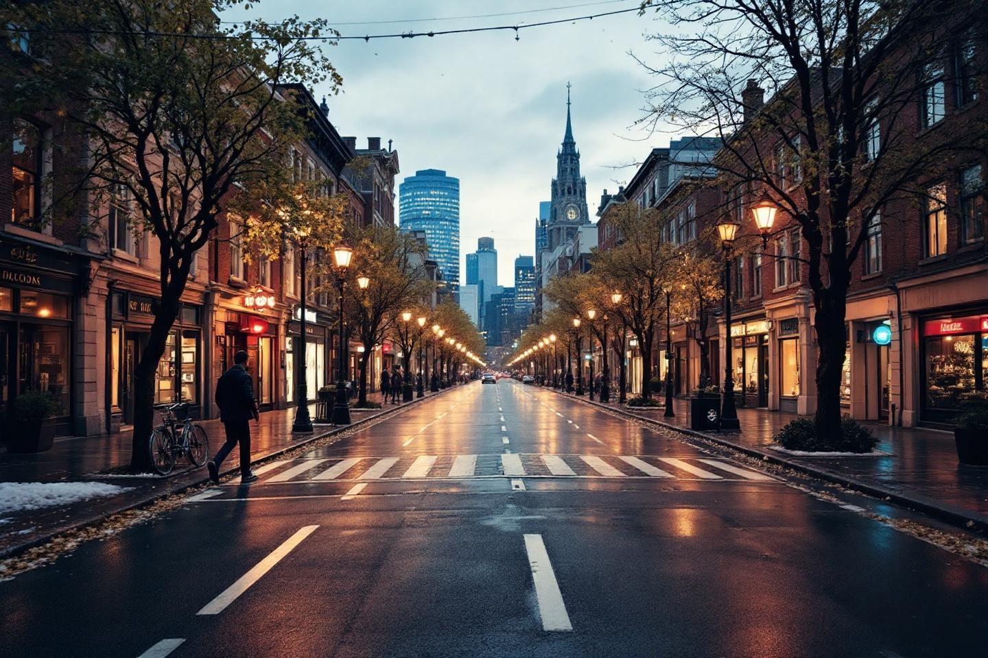Rue urbaine avec lampadaires et gratte-ciels au loin