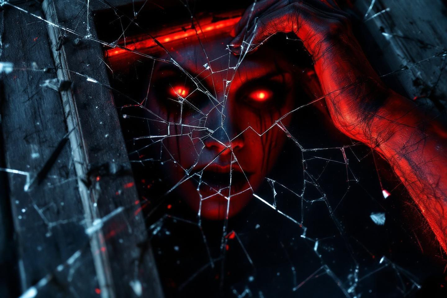 Silhouette rouge sinistre avec yeux brillants et fêlures