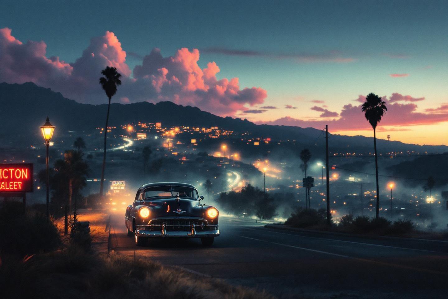 Vieille voiture sur route avec ville brumeuse au loin