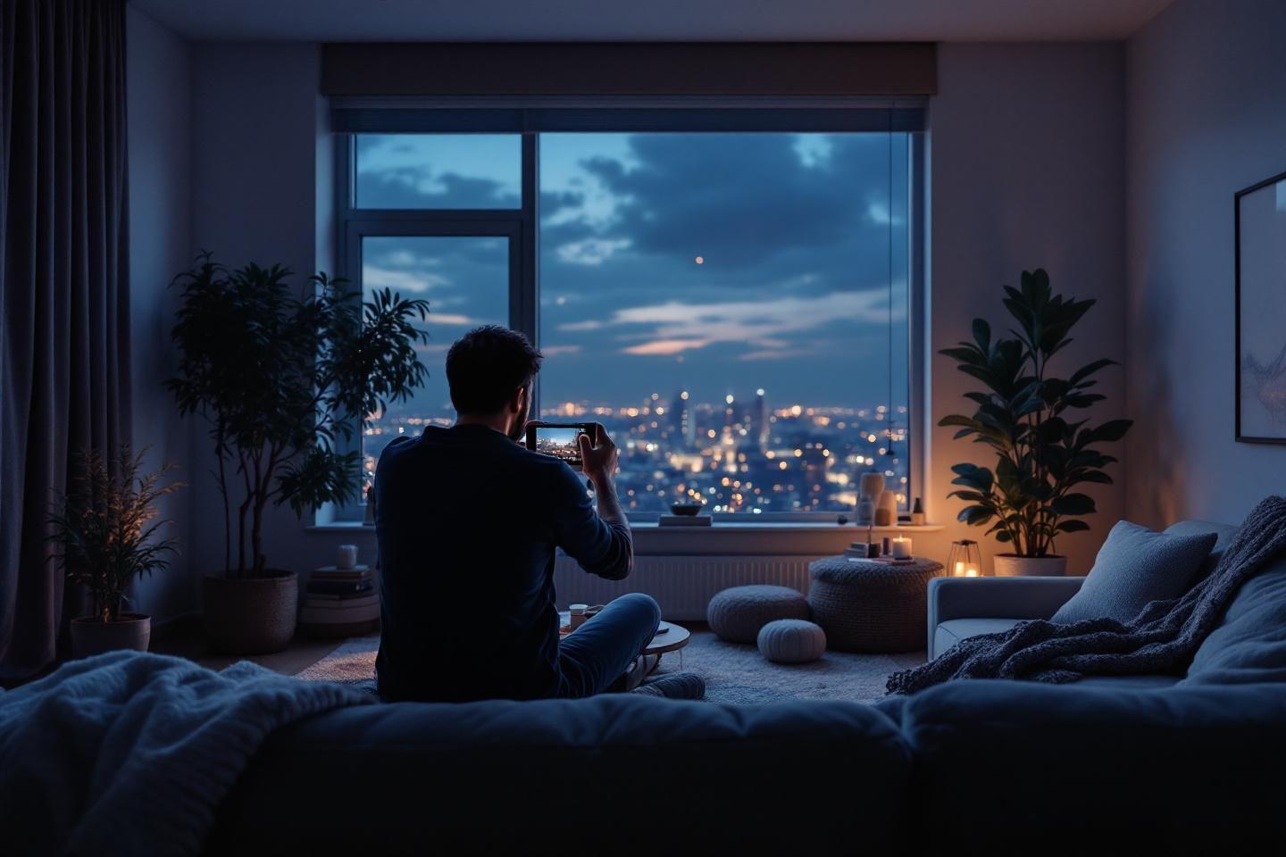 Silhouette admirant les lumi&egrave;res de la ville depuis un int&eacute;rieur