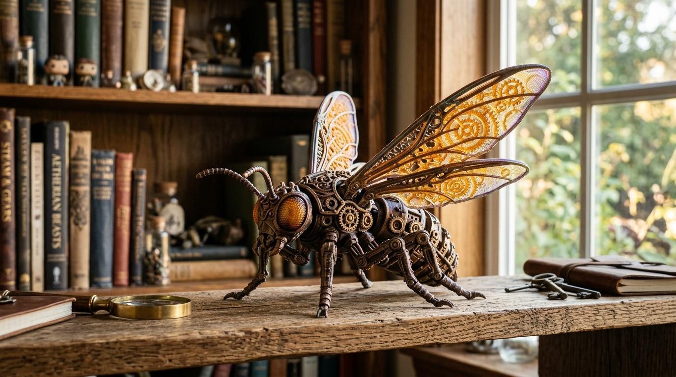 Sculpture m&eacute;canique d'abeille dor&eacute;e sur bureau de biblioth&egrave;que