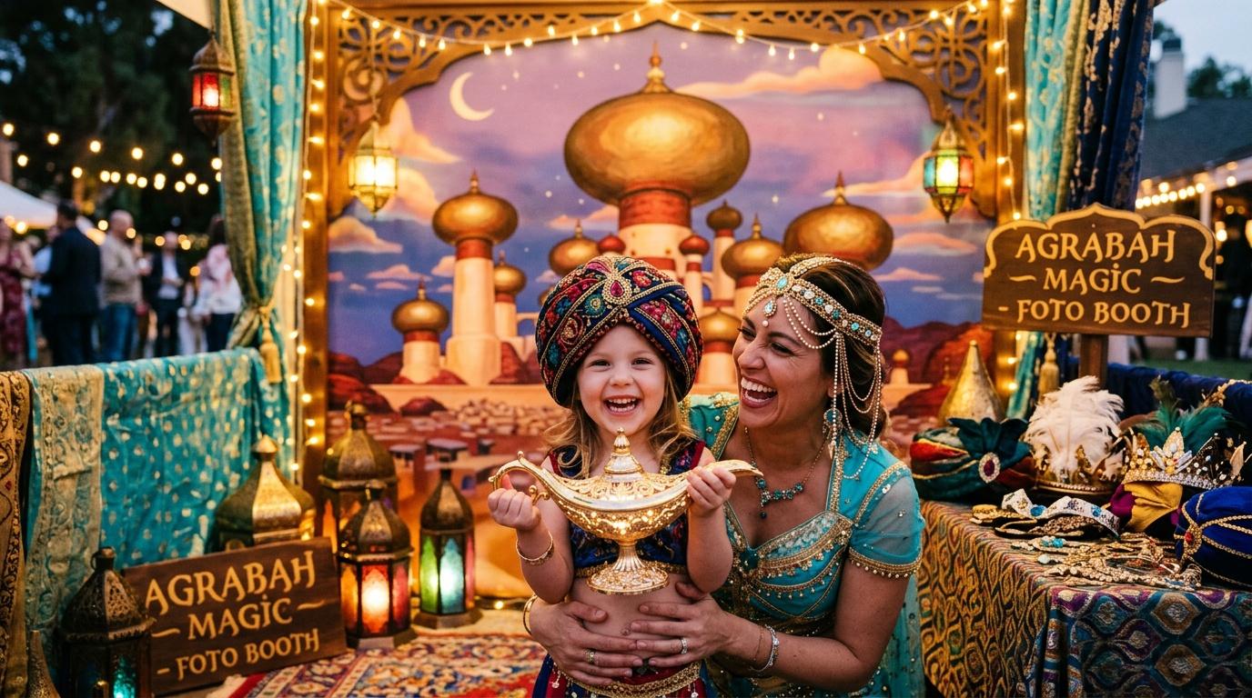 M&egrave;re et fille en costume oriental avec lampe magique dor&eacute;e