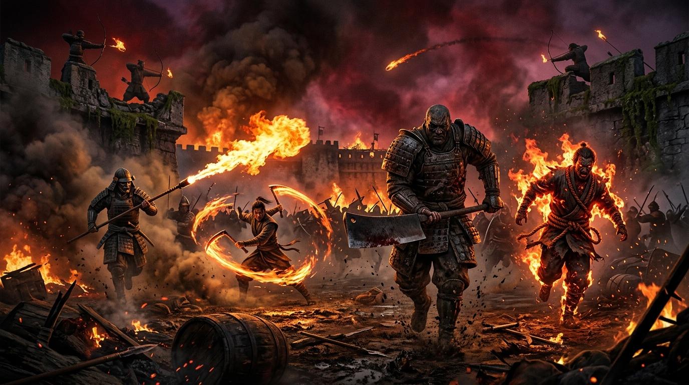 Guerriers avec armes de feu attaquent ch&acirc;teau en flammes