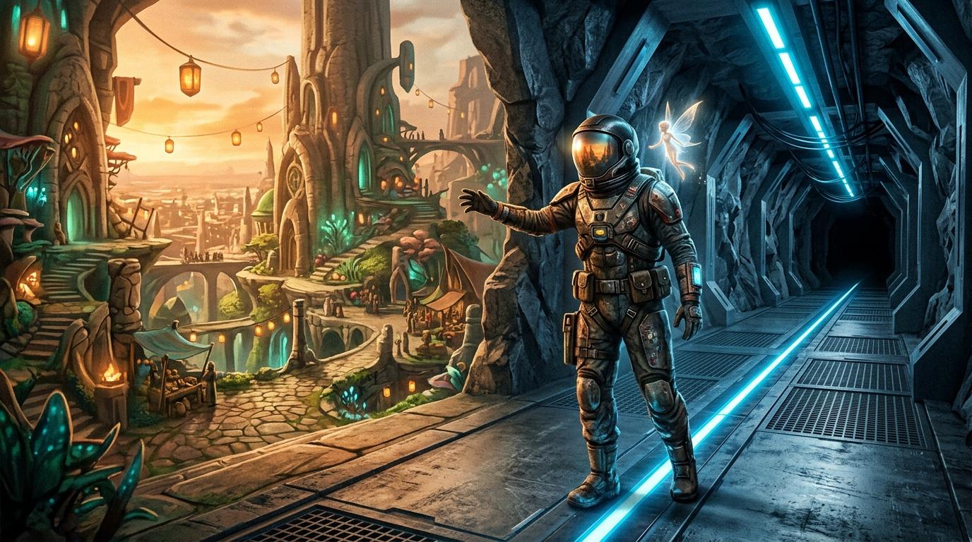 Cosmonaute casqu&eacute; entre cit&eacute; futuriste et nature verdoyante