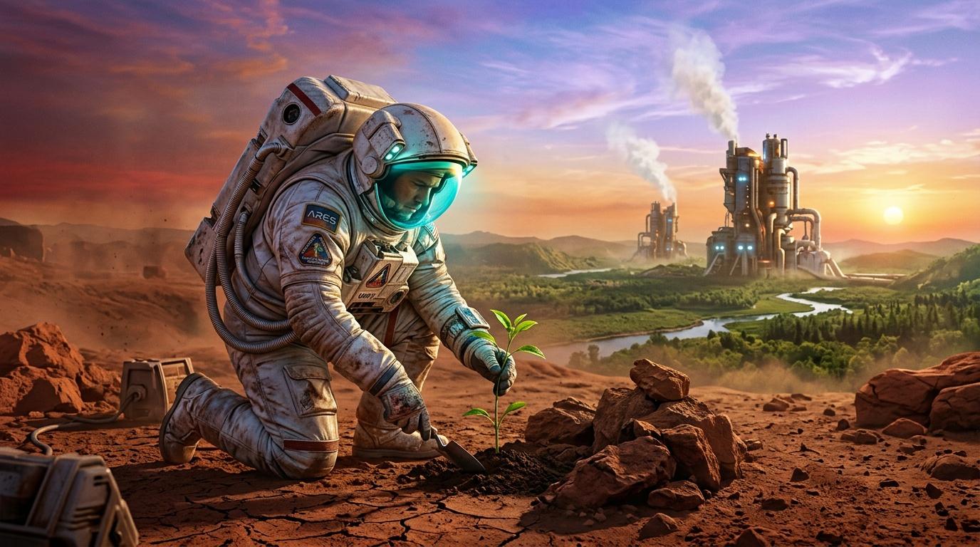 Astronaute en combinaison spatiale plantant une pousse sur sol martien aride