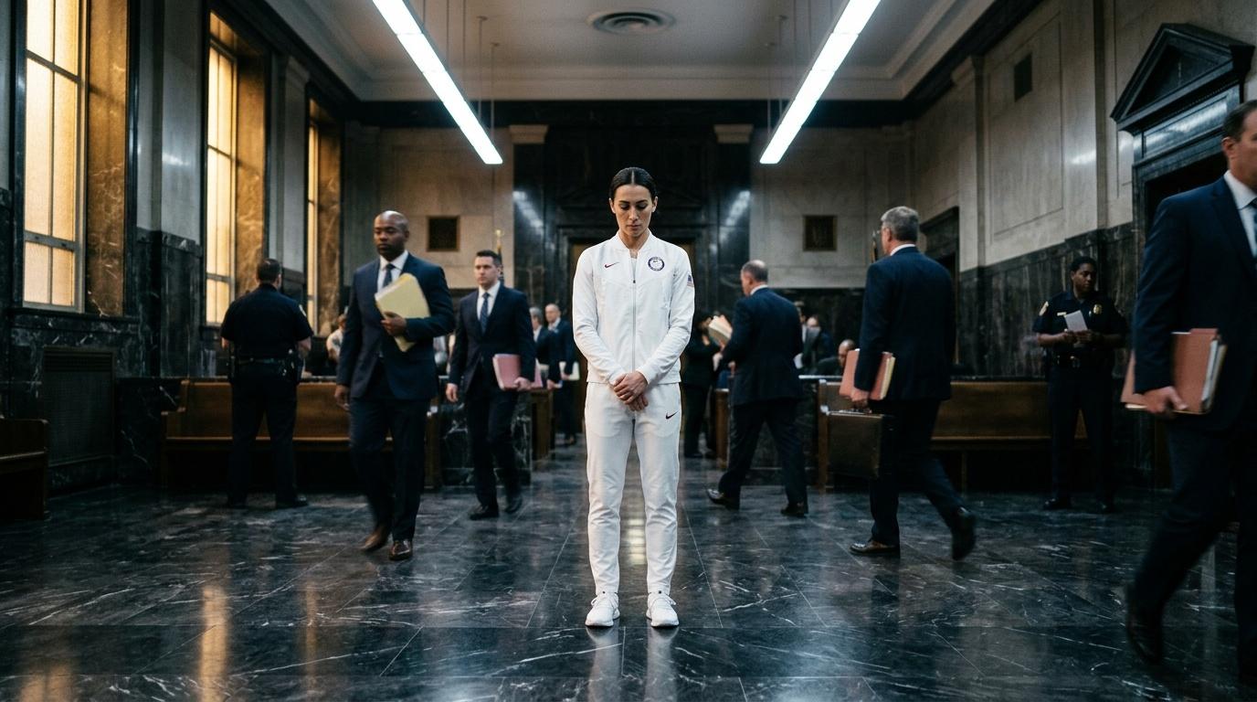 Sportive v&ecirc;tue de blanc se tient seule au centre d'un couloir d'officiels en costume