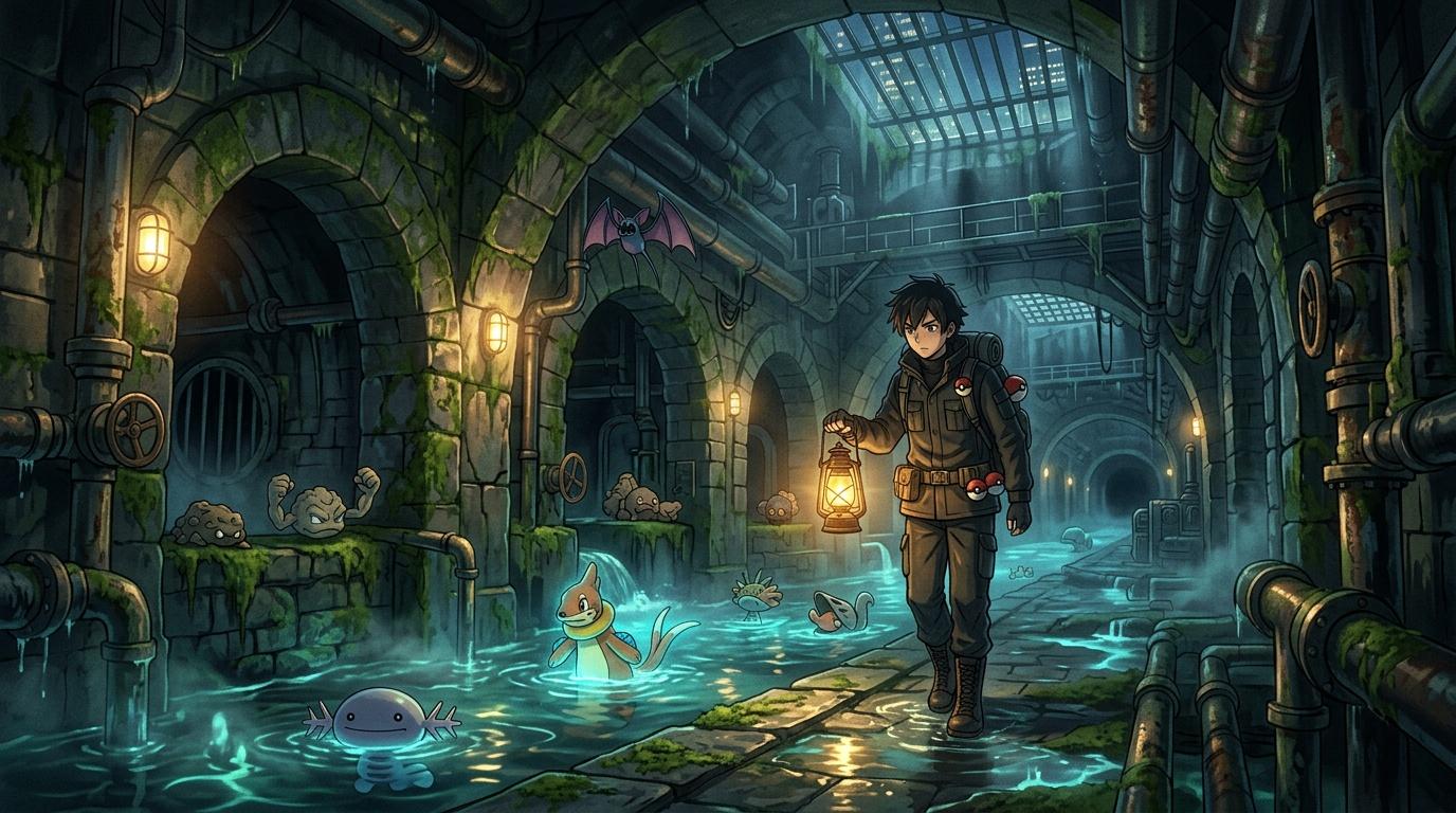 Garçon avec lanterne explore ruines inondées avec Pokémon