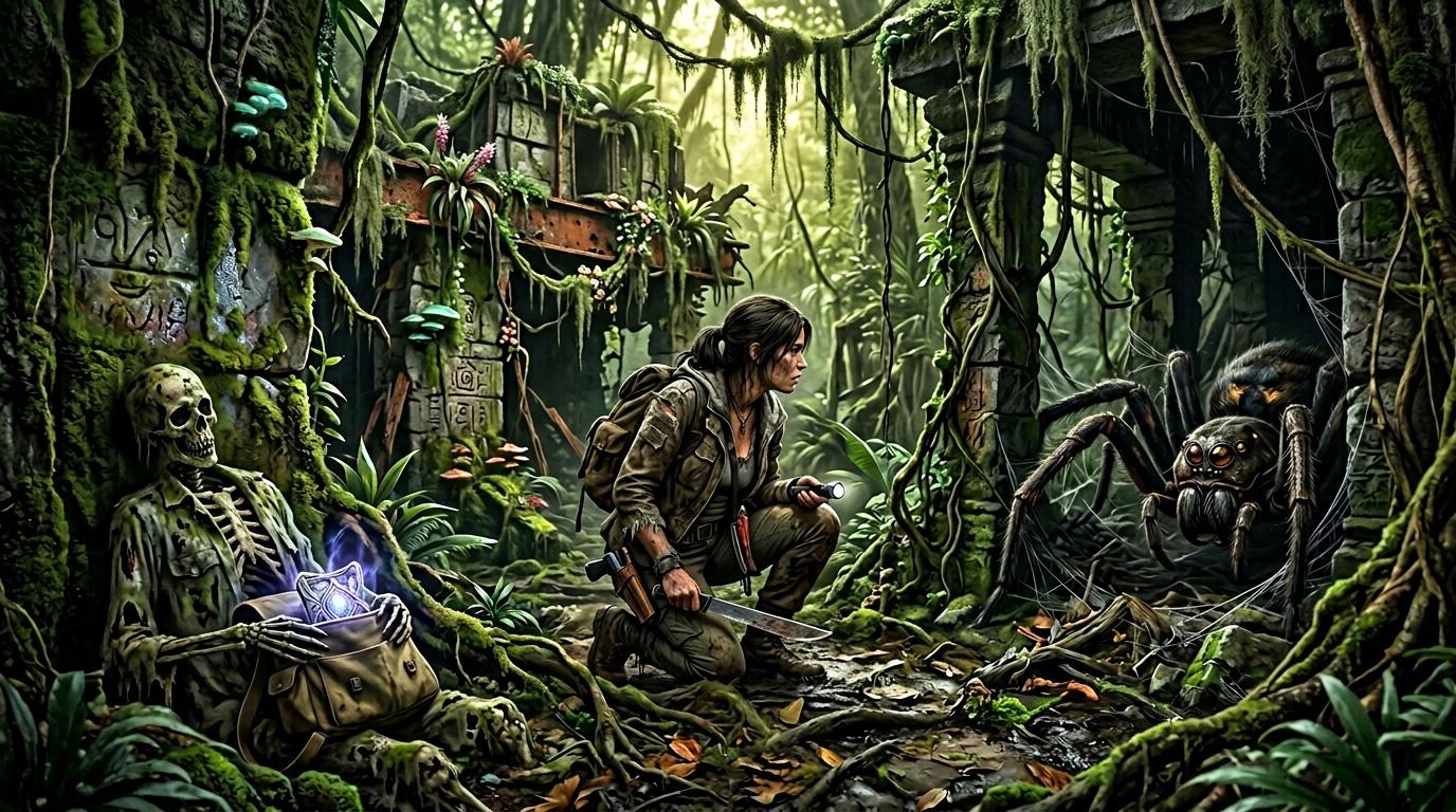 Femme explorateur arm&eacute;e dans ruines envahies de v&eacute;g&eacute;tation luxuriante