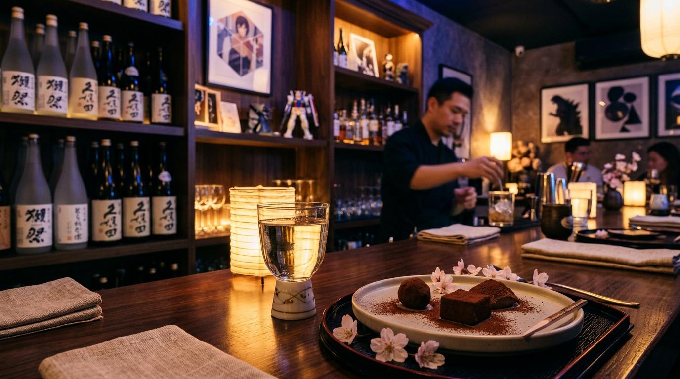 Comptoir de bar avec sake, dessert chocolat et d&eacute;cor japonais &eacute;l&eacute;gant