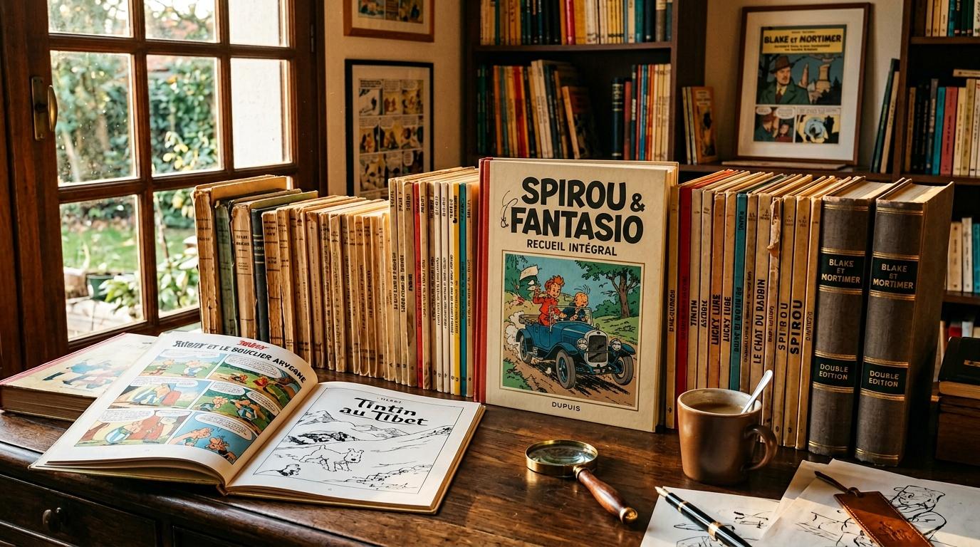 Collection de bandes dessin&eacute;es Spirou Fantasio dans une biblioth&egrave;que