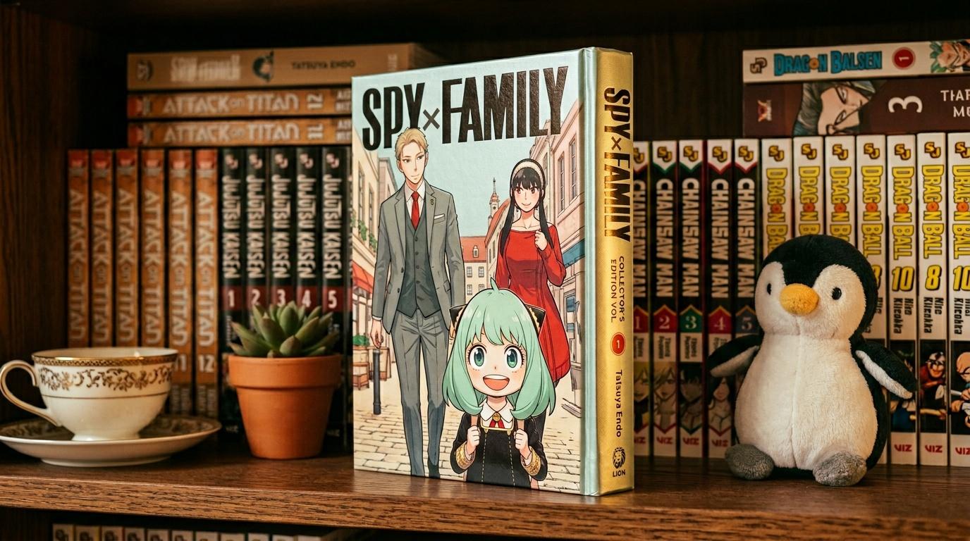 Manga Spy x Family exposé parmi d'autres livres et figurines.