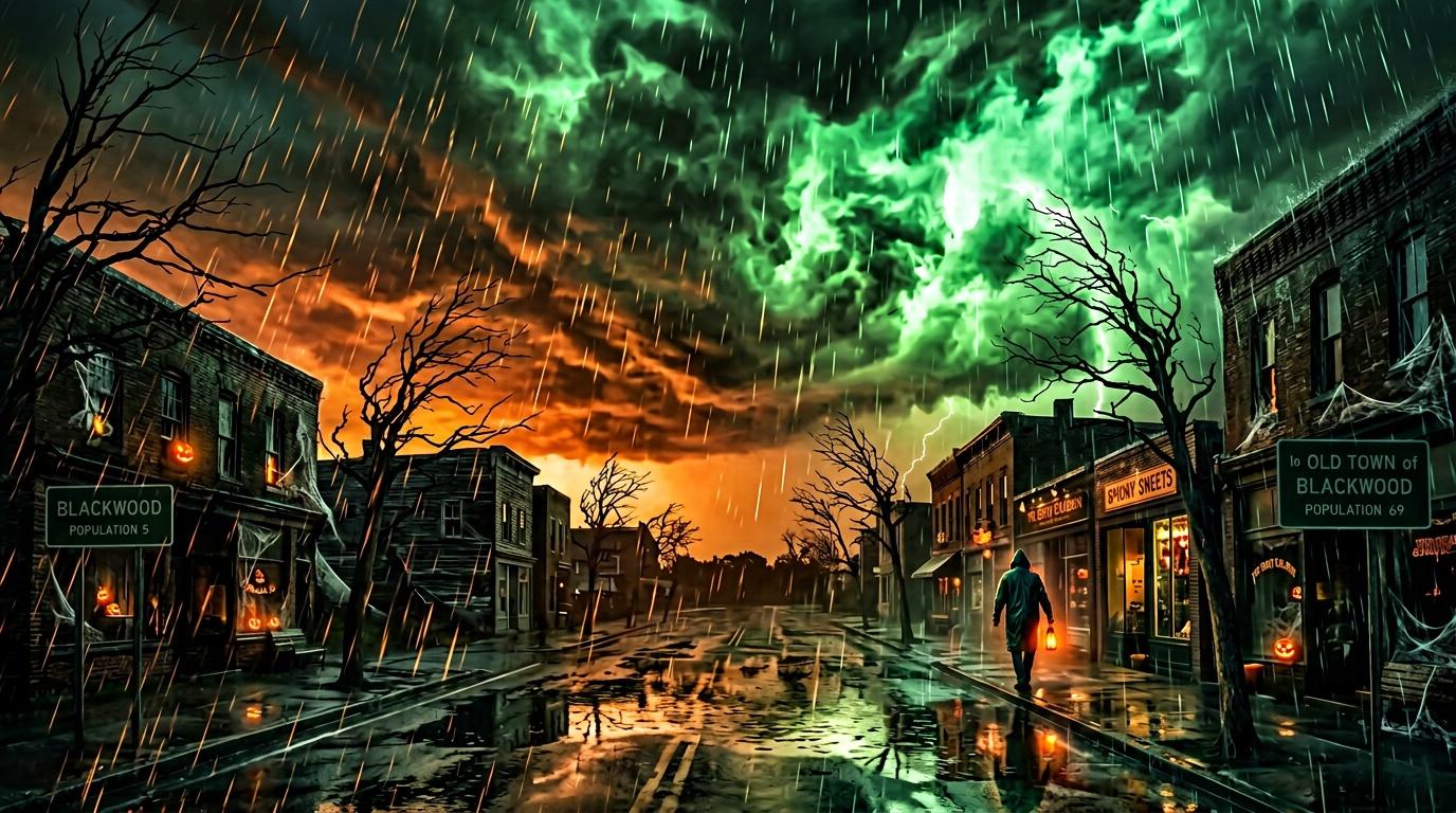 Rue abandonn&eacute;e de Blackwood sous orage &eacute;lectrique vert