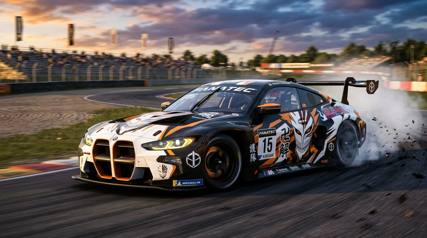 BMW M4 racing drifting sur circuit avec fumée