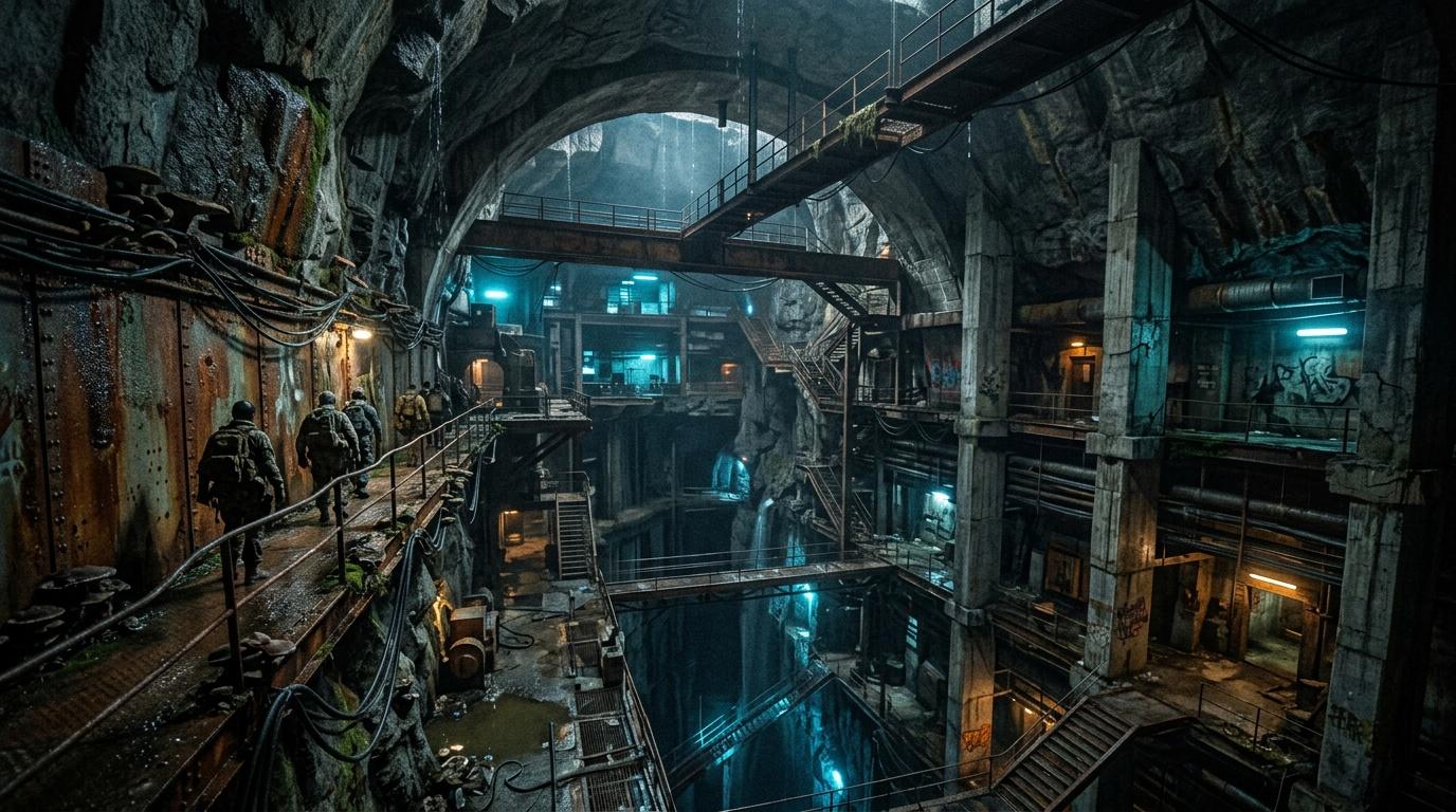 Installation militaire souterraine avec lumi&egrave;res n&eacute;on bleut&eacute;es et passerelles.