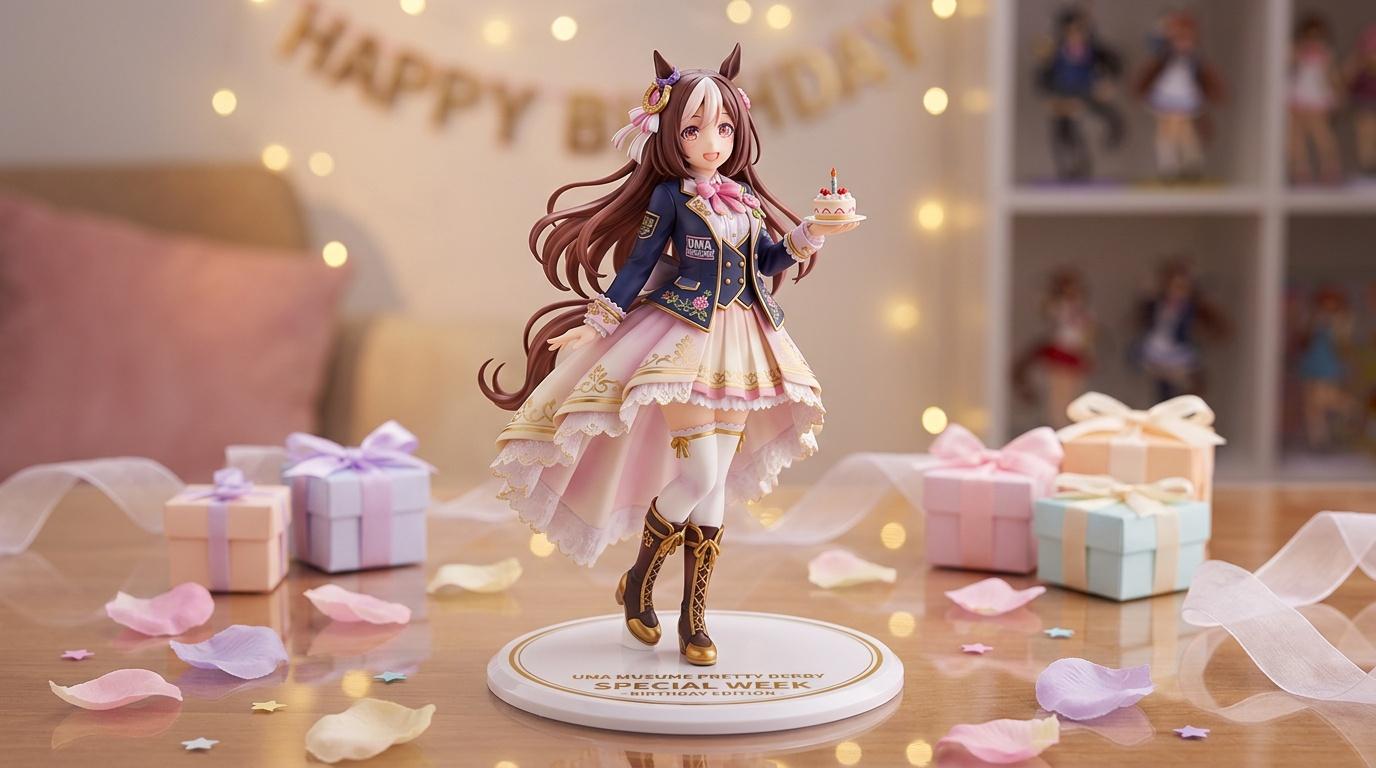 Figurine anime fille avec gâteau entourée de cadeaux colorés