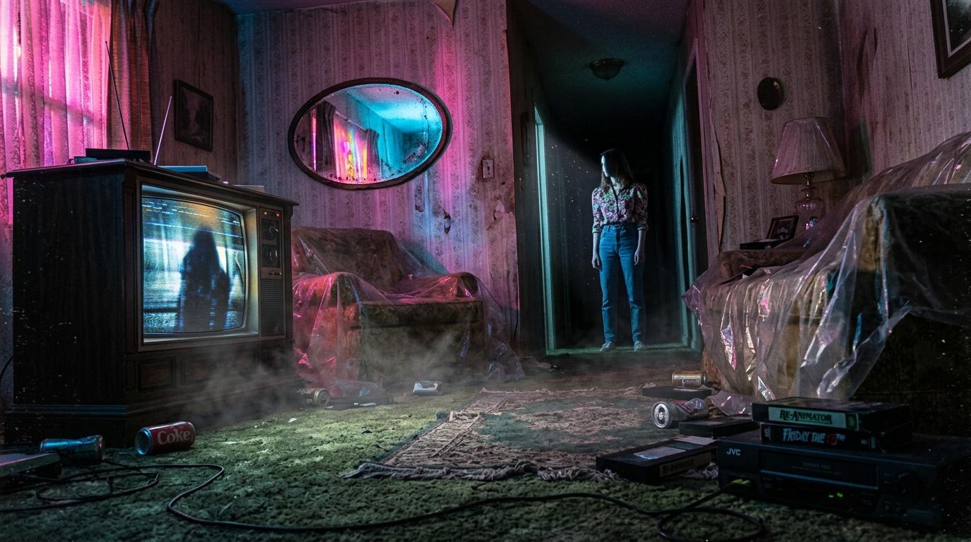 Pi&egrave;ce d&eacute;labr&eacute;e avec n&eacute;on rose, t&eacute;l&eacute;vision vintage et personnage silhouette