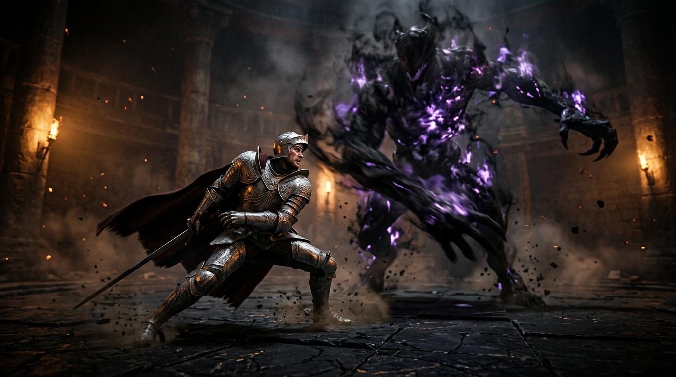 Guerrier en armure combat monstre violet luminescent