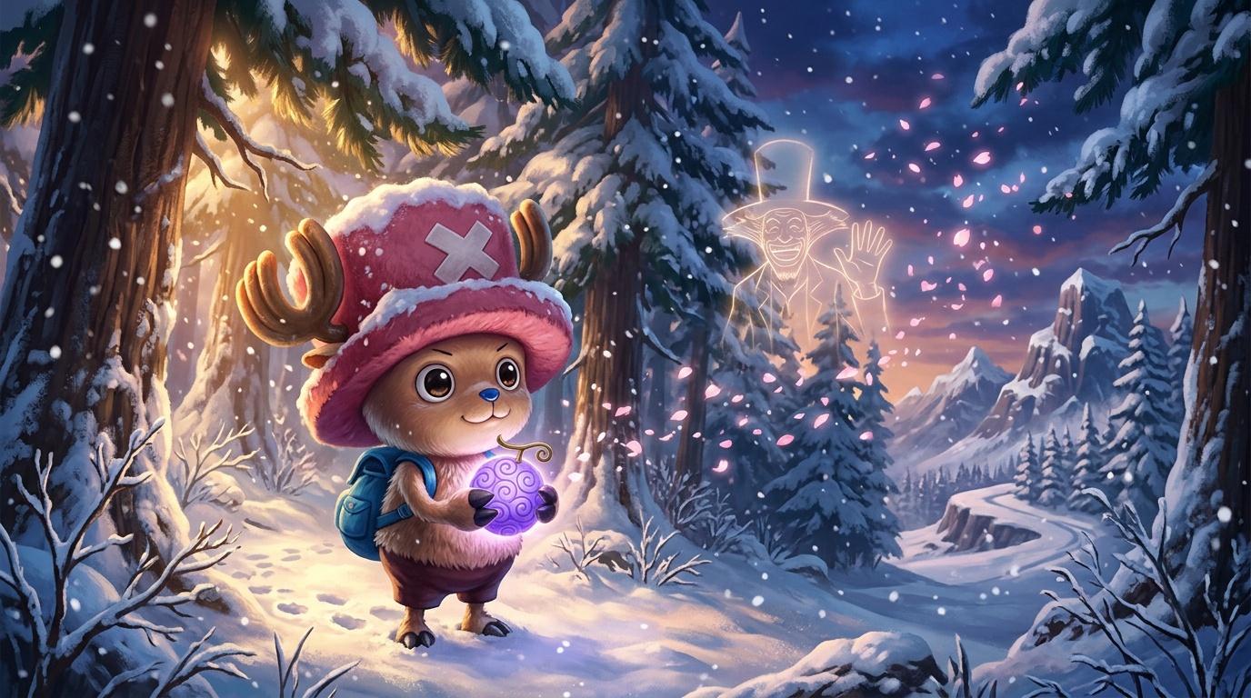 Personnage animé avec chapeau rose tenant une sphère violette dans la neige