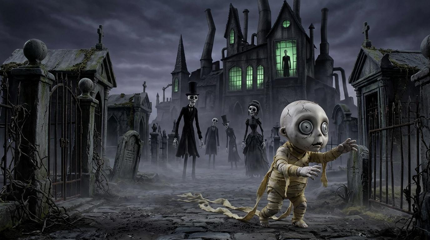 Enfant momifi&eacute; dans cimeti&egrave;re gothique entour&eacute; de cr&eacute;atures spectrales