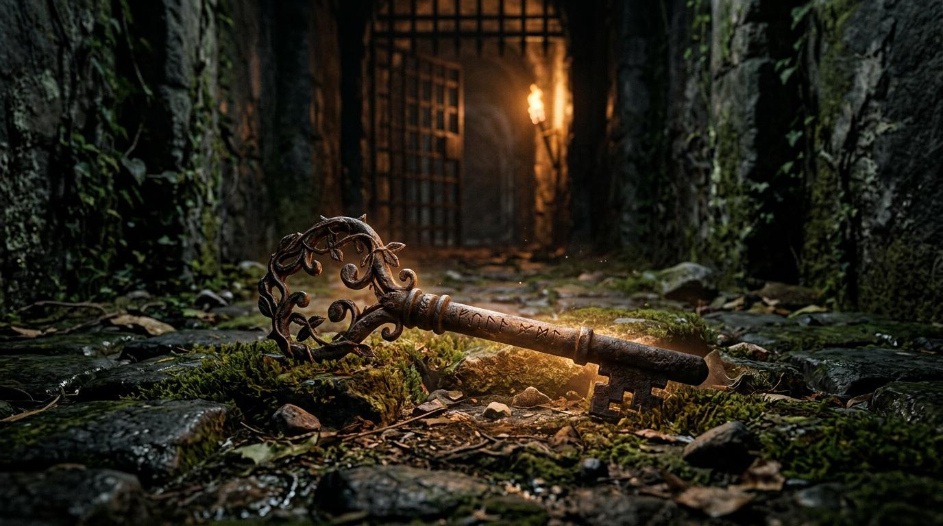 Clé ornementale rouillée sur sol mussu, ruelle sombre illuminée