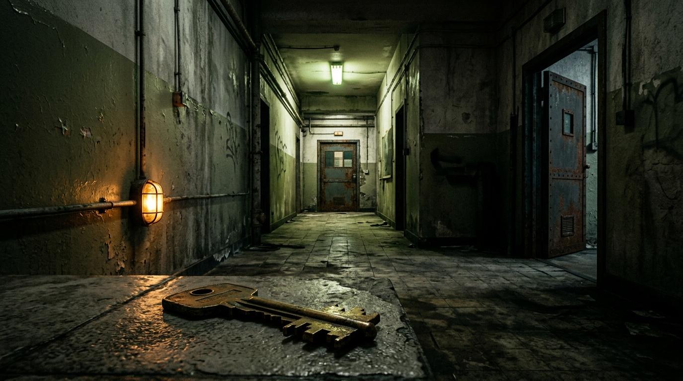 Couloir souterrain d&eacute;labr&eacute; avec cl&eacute; rouill&eacute;e au sol