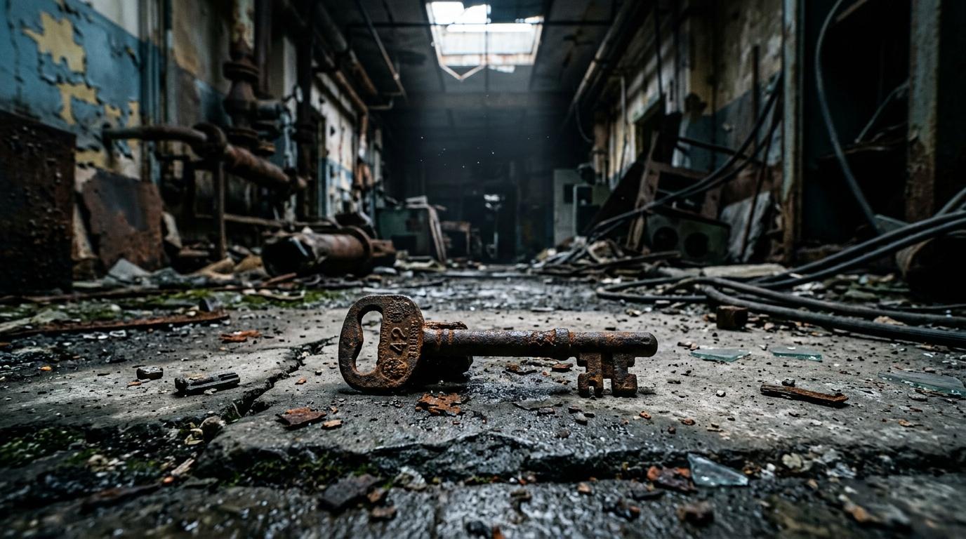 Vieille clé corrodée gisant dans un couloir désert et délabré