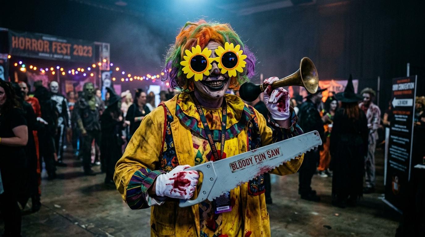 Clown color&eacute; avec lunettes tournesol tenant une tron&ccedil;onneuse sanglante