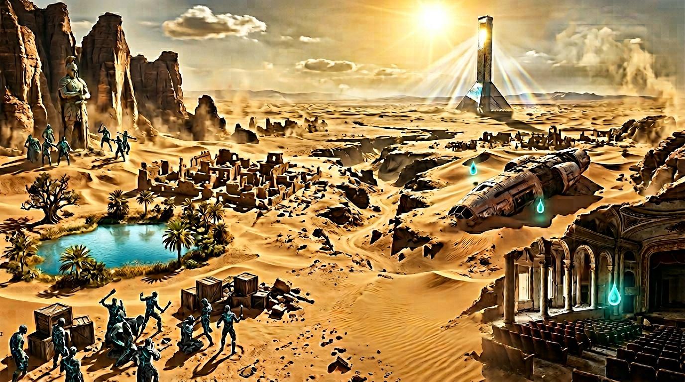 Colonie futuriste sur plan&egrave;te d&eacute;sertique avec structures et astronautes