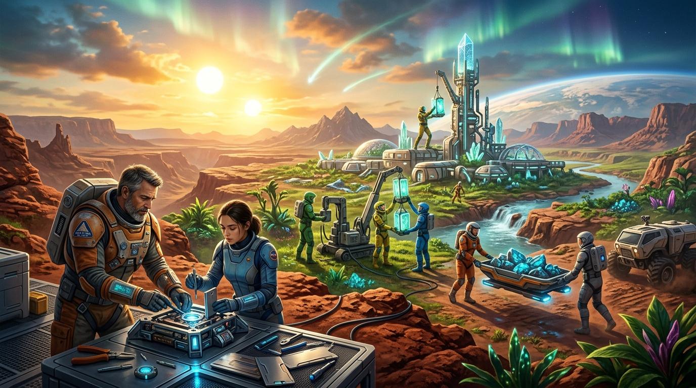 Astronautes construisant une base futuriste sur plan&egrave;te aride avec cristaux