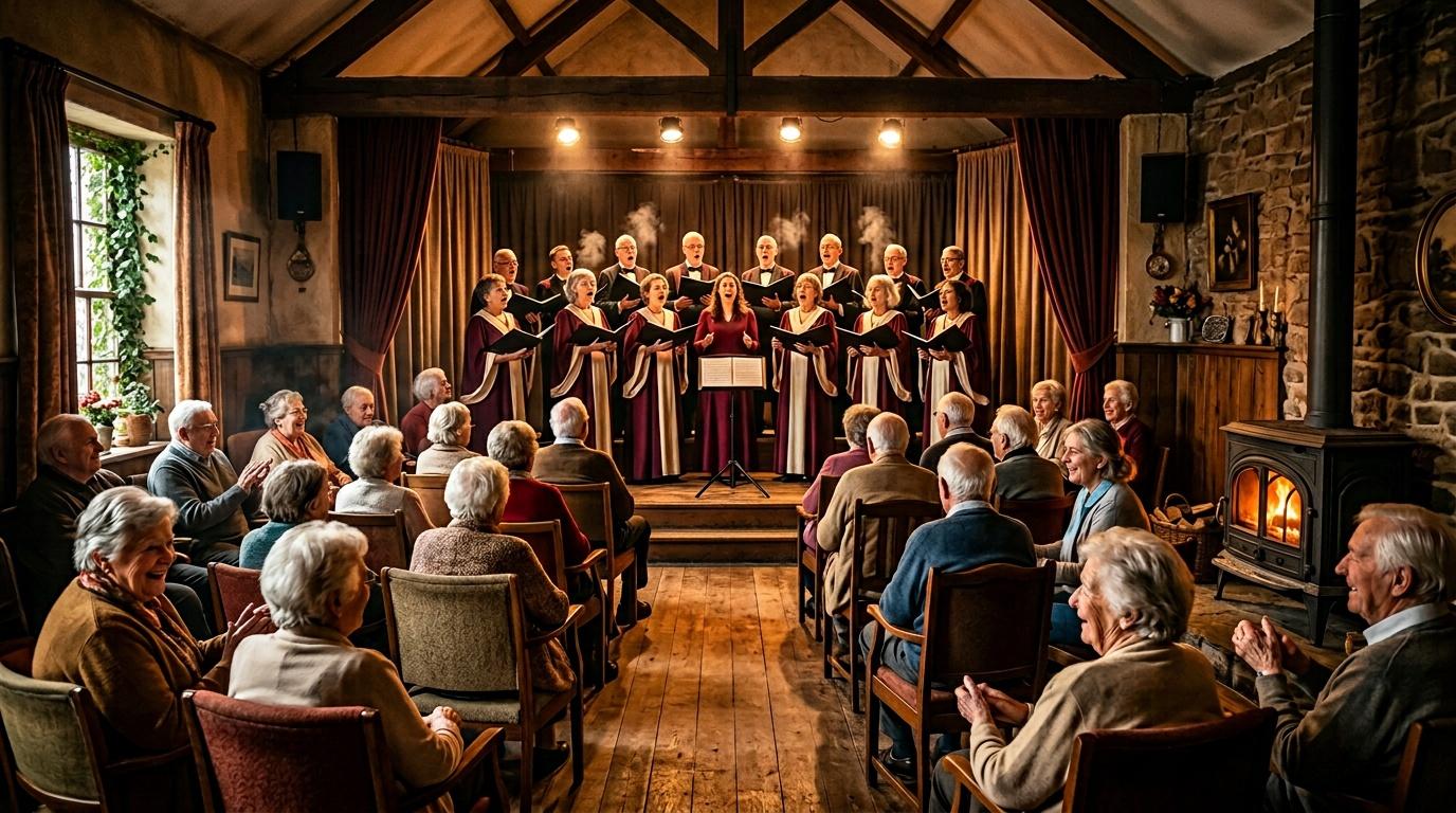 Chorale vêtue de rouge chantant devant un public assis.
