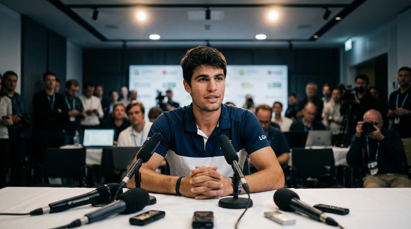 Jeune homme en polo bleu &agrave; une conf&eacute;rence de presse